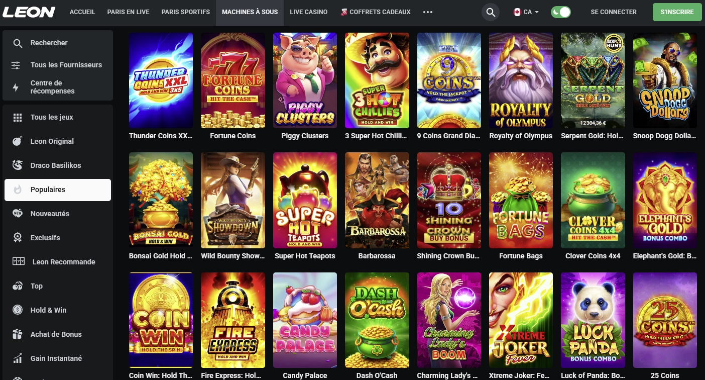 Capture du lobby jeux Leon Casino