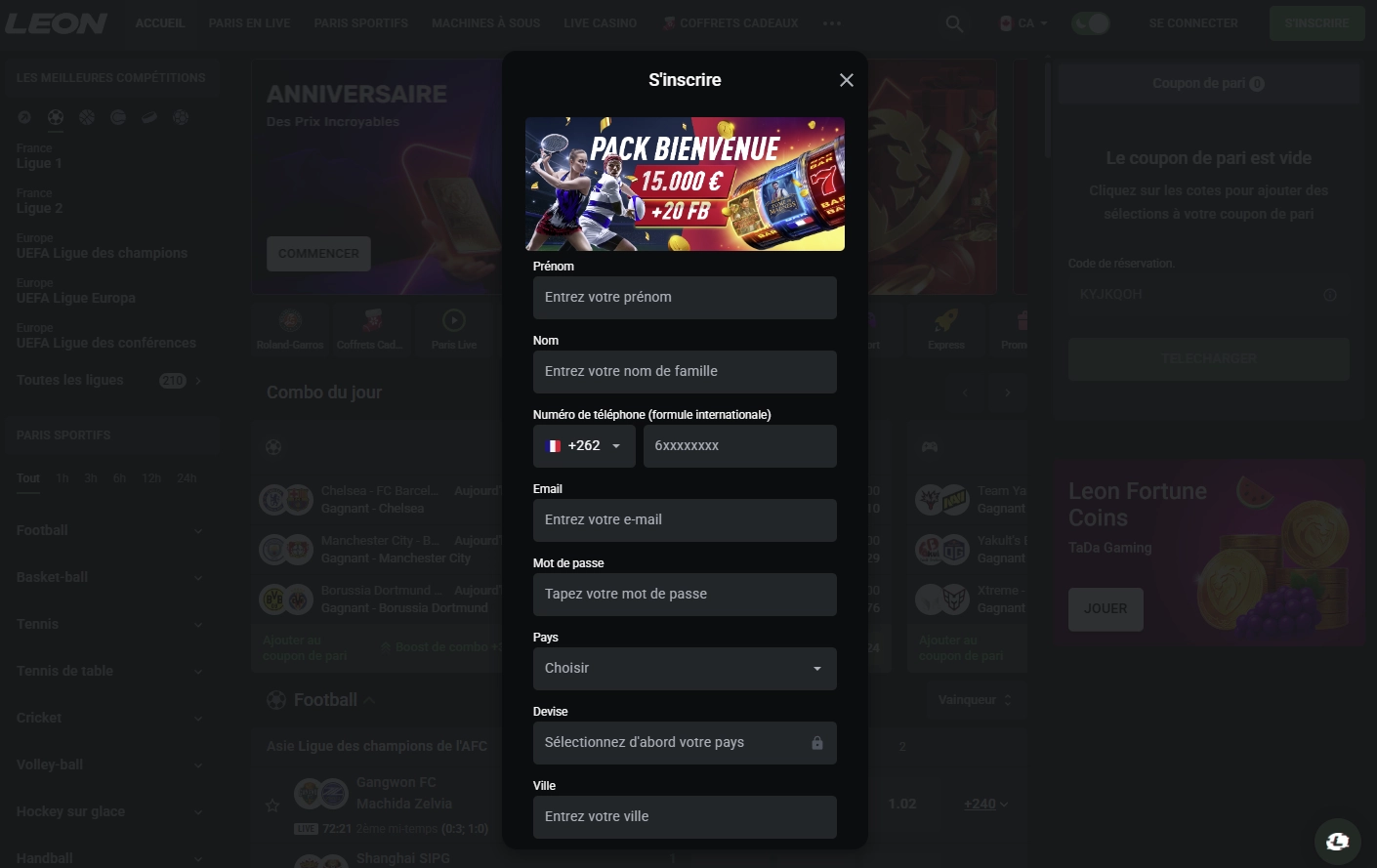 Interface d'inscription Leon Casino